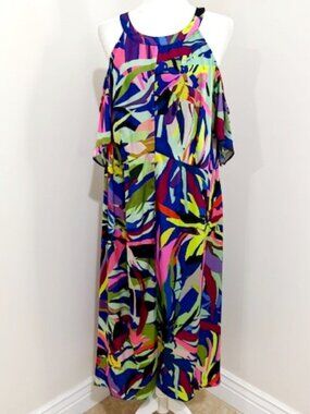 Gibson Latimer Colorful Tropical Oasis Cold Shoulder Maxi Dress Size 1X NWT